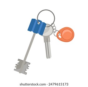 Keychain with metallic access breloque and entrance and home apartment door keys vector illustration