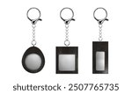 Keychain mockup with silver ring, string and metal with leather pendant. Realistic 3d vector illustration set of chrome key holder with round, square and rectangular charm for accessory branding.