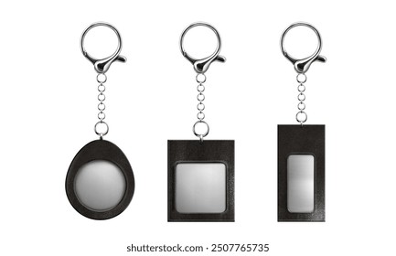 Keychain mockup with silver ring, string and metal with leather pendant. Realistic 3d vector illustration set of chrome key holder with round, square and rectangular charm for accessory branding.