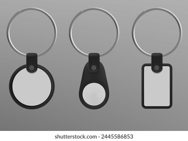 Keychain on metal ring realistic 3d vector set. Black leather and white plastic key holder mockup. Different shapes of pendant label souvenir for branding design. Template of trinket accessory.