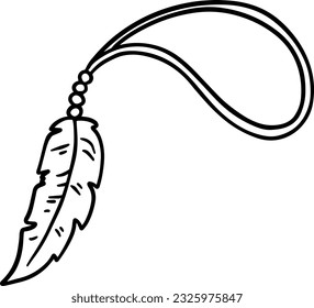 keychain on a rope with a bird feather and beads doodle linear cartoon coloring