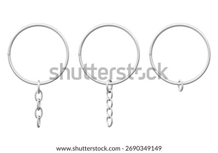 Keychain rings with silver metal chains for accessory design and pendant souvenir mockup. Split circles or holder loops on white background. Blank keyrings collection with different chain lengths.