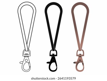 Keychain strap or webbing lanyard strap vector set, includes outline, solid black, and brown leather styles with metal clasp hook, perfect for accessories, mockups, and merchandise design.