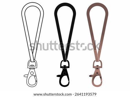Keychain strap or webbing lanyard strap vector set, includes outline, solid black, and brown leather styles with metal clasp hook, perfect for accessories, mockups, and merchandise design.