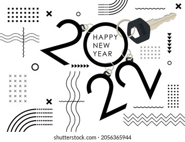 Keychain style happy new year 2022 banner with modern geometric abstract background in retro style. Greeting card design for 2022 for real estate, mortgage, housing loans and car companies with key. 