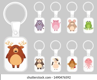 Keychain template design with many kinds of animals illustration