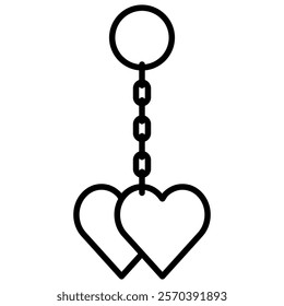 Keychain with two heart-shaped charms line art icon illustration. Perfect for Valentine's Day, romantic gifts, and accessories.