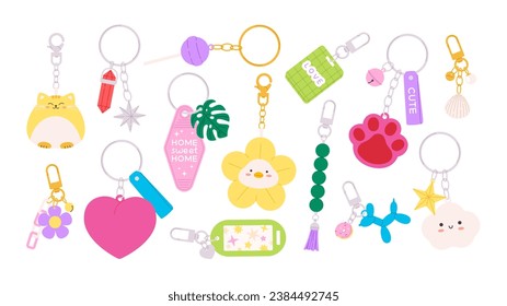 Keychains flat clipart. Isolated cartoon key holders with cute designs. Keys rings for children and adults. Decorative funny pendants racy vector set