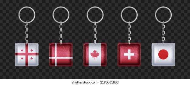 Keychains with Georgia, Denmark, Canada, Switzerland and Japan flags. Metal square keyring holders with country symbolic, isolated accessories or souvenir pendants mock up, Realistic 3d vector set