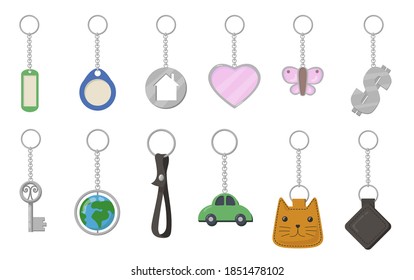 Se han establecido cadenas de teclas y anillos de llaves. Corazón, mariposa, gato, auto, placas con forma de tierra aisladas en fondo blanco. Ilustración de vectores para trinket, recuerdo, puerta de apertura, concepto de alquiler de propiedades