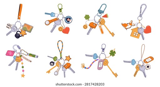 Keychains and keyrings set. Various key holders, colorful trinkets featuring animals, photographs, and carabiners. Modern flat cartoon illustration isolated on white background