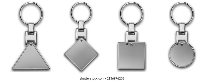 Keychains set in different shapes keyring holders with isolated on white background. Silver colored accessories or souvenir pendants mockup.Realistic keychain template set.