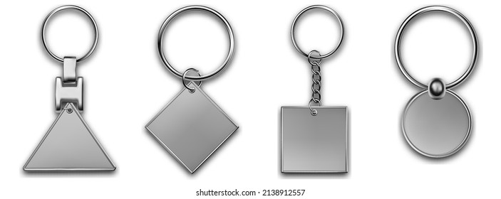 Keychains set different shapes keyring holders with isolated on white background. Silver colored accessories or souvenir pendants mockup.Realistic keychain template set.