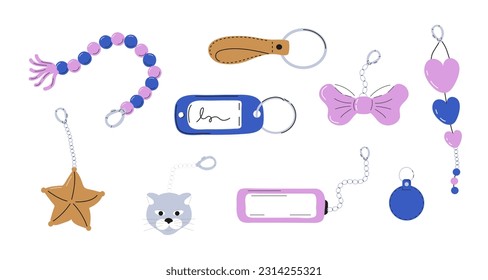 Keychains set. Key ring. Collection of pendants in shape of bow, cat, hearts, chain. Trinkets, keyholders and keyrings collection 