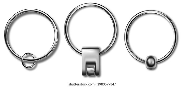 Keychains set keyring holders isolated white background  Silver colored accessories souvenir pendants mockup Reallistic keychain template set 