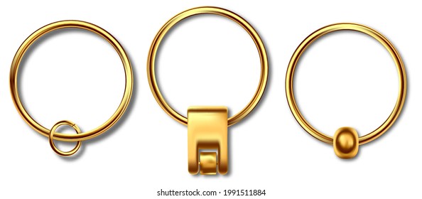 Keychains set keyring holders isolated on white background. Gold colored accessories or souvenir pendants mockup.Reallistic keychain template set.