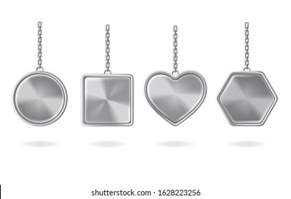 Keychains set. Metal round, square, heart and hexagon shaped keyring holders isolated on white background. Silver colored accessories pendant mock up. Realistic 3d vector illustration, icon, clip art