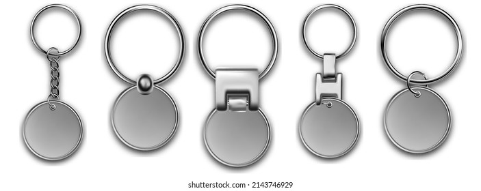 Keychains set round keyring holders with isolated on white background. Silver colored accessories or souvenir pendants mockup.Realistic keychain template set.