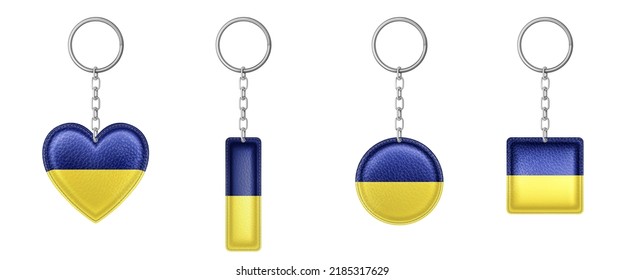 Keychains with Ukrainian flag colors. Metal round, square, heart and rectangular keyring holders. Blue yellow colored isolated accessories, Ukraine souvenir pendants mock up, Realistic 3d vector set