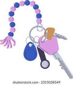 Keychains vector. Pendants in shape of bow, cat, hearts, chain. Trinkets, keyholders and keyrings element.