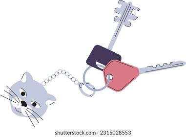 Keychains vector. Pendants in shape of bow, cat, hearts, chain. Trinkets, keyholders and keyrings element.