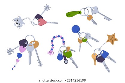 Conjunto de vectores de cadenas de claves.Colección de pendantes en forma de arco, gato, corazones, cadena. Montaje de baratijas, teclados y llaveros.