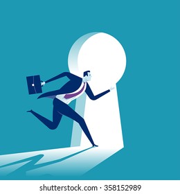 Keyhole. Businessman entering keyhole. Business concept