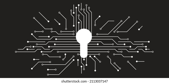 keyhole. Cloud security, open or close padlock. Lock or unlock icon. Circuit board or electronic motherboard. lines and dots connect. Vector high-tech technology data. Communication and engineering.