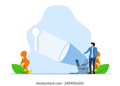 Keyhole concept. problem solutions, new careers, opportunities, business and business challenges. businessman flashlight keyhole symbol idea or keyhole hope. flat vector illustration on background.