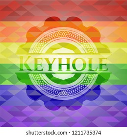 Keyhole emblem on mosaic background with the colors of the LGBT flag