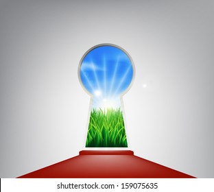 Keyhole entrance with an idyllic grassy field representing the future, success, a new opportunity or positive change