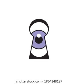 Keyhole with eye. The concept of prying, plagiarizing, watching, cheating. Vector color icon isolated on white background.