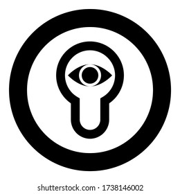 Keyhole eye looking Lock door Look concept icon in circle round black color vector illustration flat style image