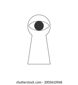 Keyhole eye symbol. Concept sign of surveillance, espionage, peeping. Observation through the keyhole through the door lock. Vector illustration isolated on white background