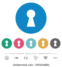 Keyhole flat white icons on round color backgrounds. 6 bonus icons included.