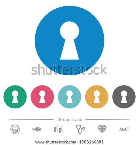 Keyhole flat white icons on round color backgrounds. 6 bonus icons included.