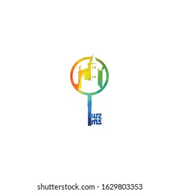 Keyhole with fort vector logo design. Security agency logo template. Guard systems emblem design with fort graphic.