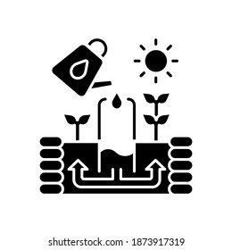 Keyhole garden black glyph icon. Watering plants. Structure to cultivate vegetables. Soil irrigation for agricultural production. Silhouette symbol on white space. Vector isolated illustration