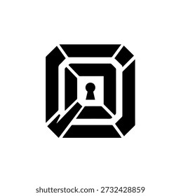 Keyhole in Geometric Maze Abstract Vector Illustration. Black and White Concept of Mystery, Access, and Problem Solving.