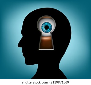 Schlagloch mit einem menschlichen Auge auf dem Hintergrund der Silhouette des Kopfes. Vektorgrafik