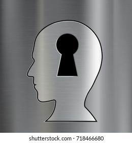 Keyhole in the human head. Mental diseases and esoterics. Metallic background. Stock vector illustration.