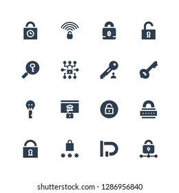 keyhole icon set. Collection of 16 filled keyhole icons included Lock, Password, Padlock, Unlock, Key, Unlocked, Padlocks