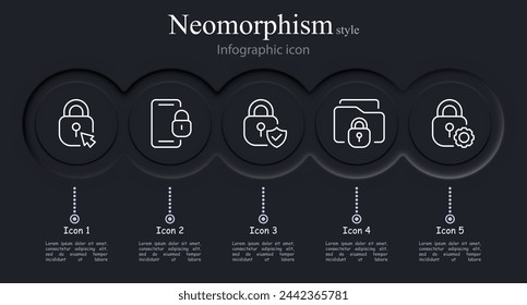 Conjunto de iconos de cerradura. Bloqueo, cursor, smartphone, contraseña, carpeta, equipo. Estilo neomorfista. Icono de línea vectorial para negocios y publicidad
