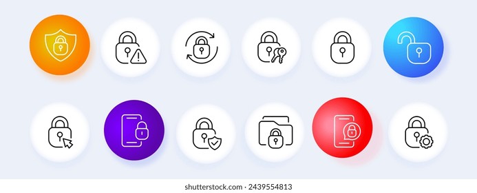 Keyhole icon set. Password, security, smartphone, check mark, folder, key, mouse. Neomorphism style. Vector line icon for business and advertising