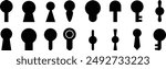 Keyhole icon set. premium door key hole. Shape of lock of door. Pictogram Logo design template for home and entrance. Mysterious silhouette door lock. Vector icons, isolated on transparent background,