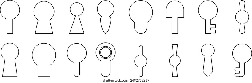 Juego de iconos de la cerradura. Forma de cerradura de puerta. Plantilla de diseño de logotipo de Pictograma para el hogar y la entrada. Cerradura de puerta de silueta misteriosa. Iconos vectoriales, aislados sobre fondo transparente,