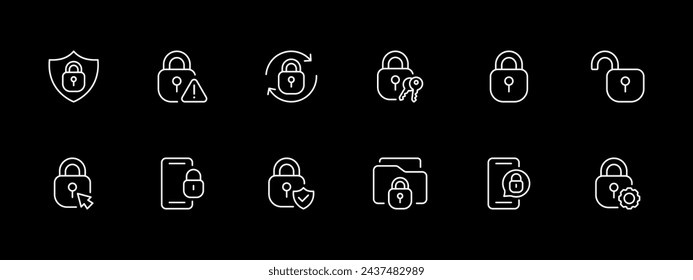 Keyhole icon set. Smartphone, folder, protection, password, connection, danger, hacking. White line icon on black background. Vector line icon for business and advertising