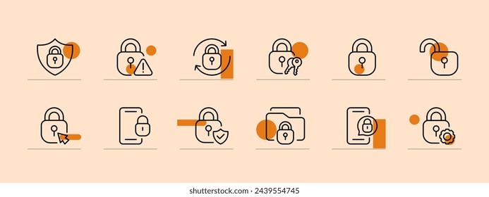 Conjunto de iconos de cerradura. Smartphone, carpeta, protección, contraseña, conexión, peligro, hackeo. Fondo de color pastel. Icono de línea vectorial para negocios y publicidad