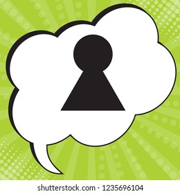 Keyhole icon. Vector. Black icon in speech bubble at popart yellow green background.