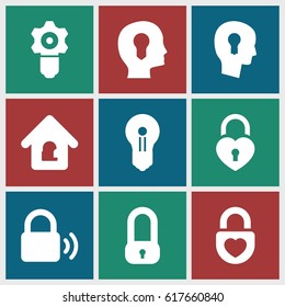Keyhole icons set. set of 9 keyhole filled icons such as heart lock, lock home